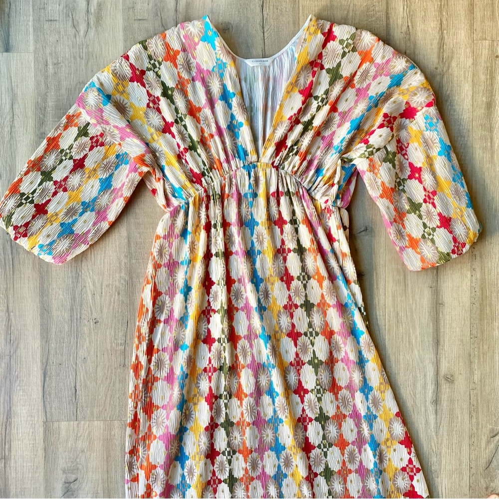 Commense Deep V-Neck Star Pattern Multicolor Hippie Dress Size L